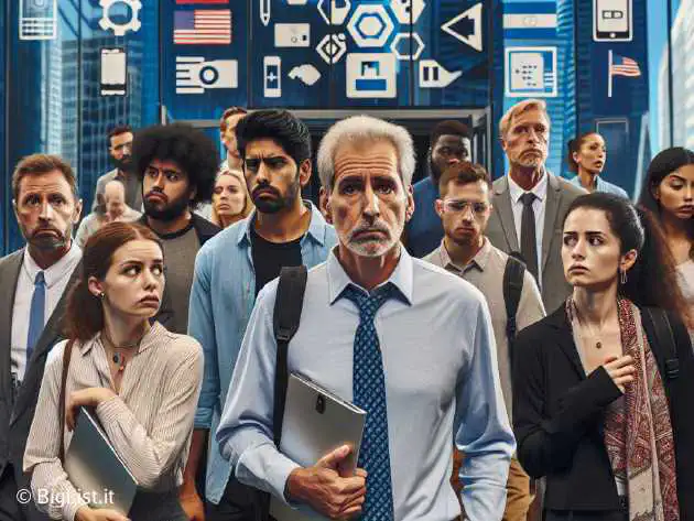 a group of frustrated researchers leaving a tech company office