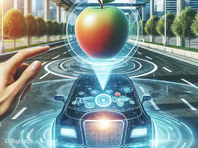 An illustration showcasing a futuristic autonomous car with Apple's logo, navigating a modern city road, highlighting an advanced navigation system interface.