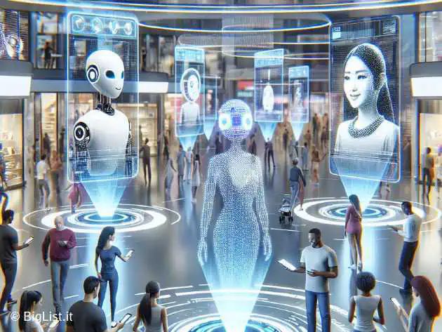 A futuristic scene of people using Apple devices with holographic AI assistants, vibrant and innovative atmospheres in a modern, sleek environment