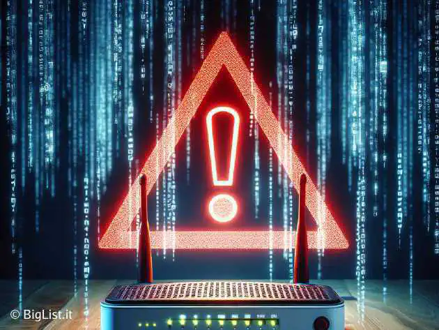 An image of a home Wi-Fi router with a warning sign, showing the concept of a security vulnerability.