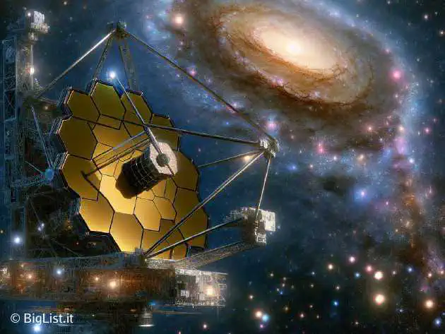 A view of the James Webb Space Telescope capturing an ancient galaxy far away, surrounded by stars and cosmic dust.