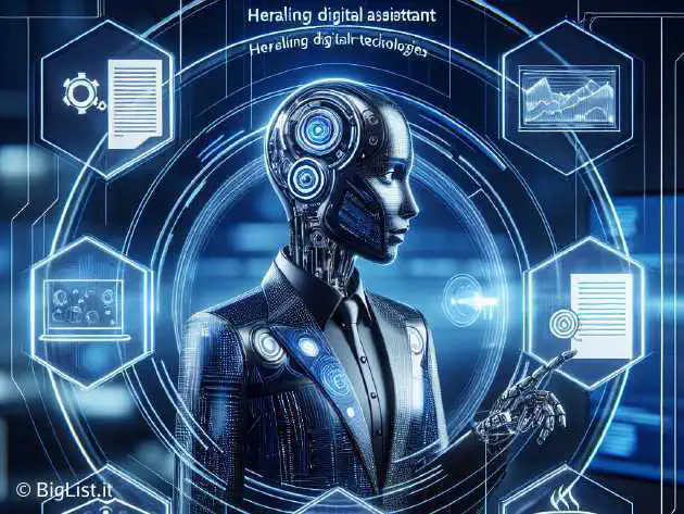 A futuristic digital assistant in a sleek, modern interface, powered by advanced AI, performing tasks like sending emails, opening documents, and summarizing meetings.