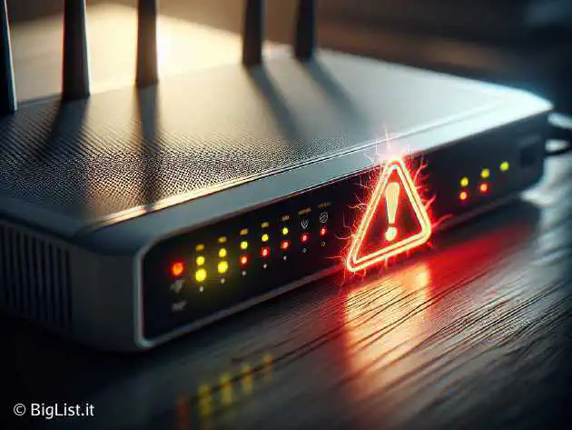A close-up of a home router with a warning symbol next to it, signifying a security vulnerability.