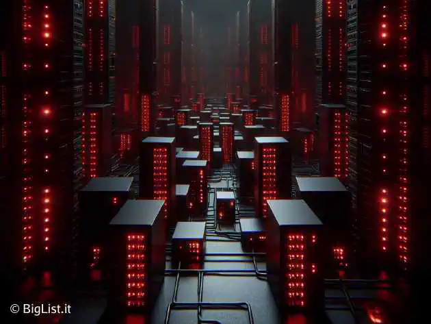 a large number of disconnected routers with red lights in a dark room, symbolizing a massive network failure