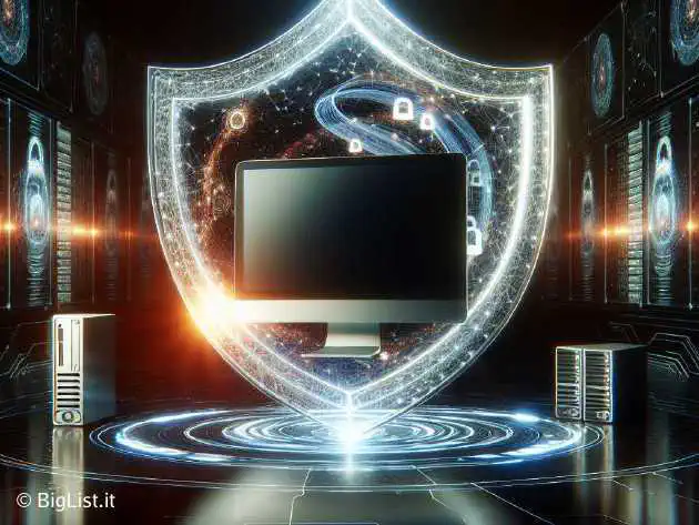 A computer surrounded by a glowing shield, representing security protection. In the background, lines of code and technical elements like servers and networks. Modern and sleek design.