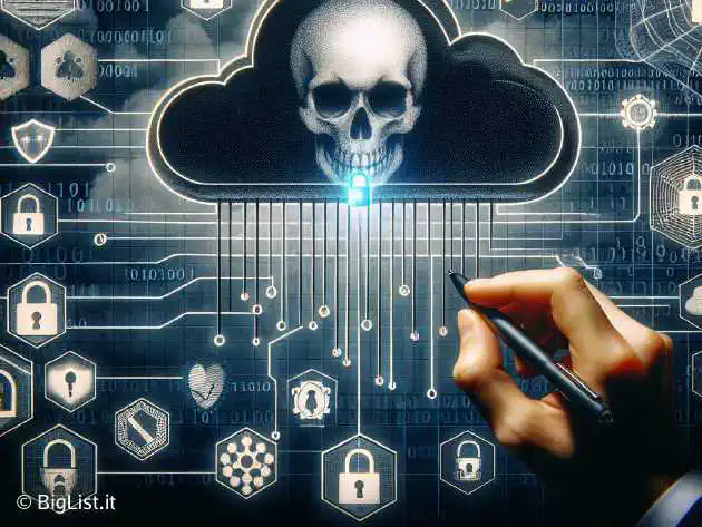 An illustration of a cloud database being hacked, with dark web elements and cybersecurity motifs.