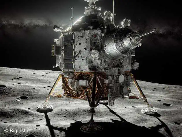 China's Chang'e-6 probe landing on the far side of the moon, with a drill and mechanical arm ready to collect moon dust and rocks.
