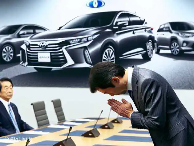 A press conference where the Toyota Chairman is bowing deeply, with images of Toyota cars in the background.