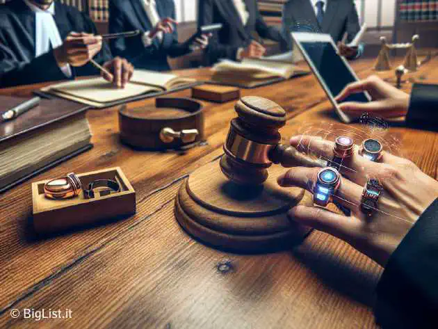 A courtroom scene with a judge's gavel, legal documents, and depictions of wearable technology like smart rings.