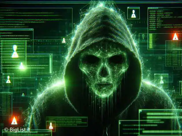 A sinister hacker, glowing green code, breached security system in background.