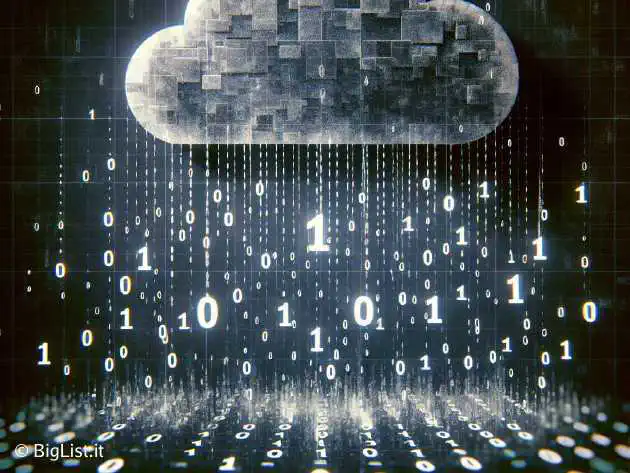 Shattered data binaries leaking out of a cracked cloud, digital rain theme, dark background