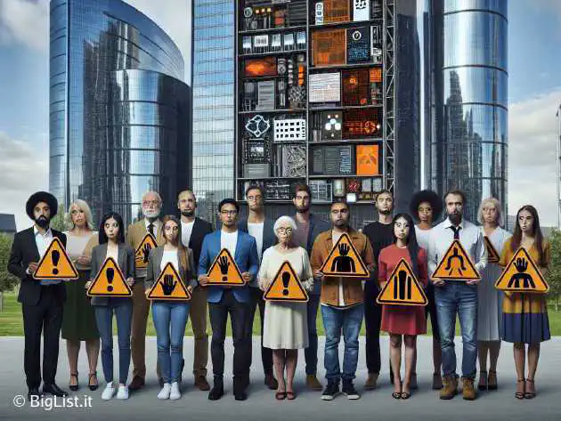 A diverse group of people holding warning signs with AI symbols, standing in front of a corporate building.