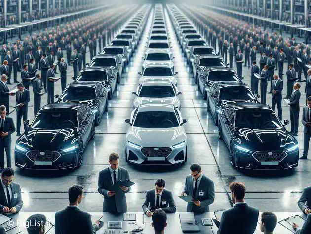 A group of sleek, modern cars being inspected by officials in a large, high-tech garage, with a somber and serious atmosphere.