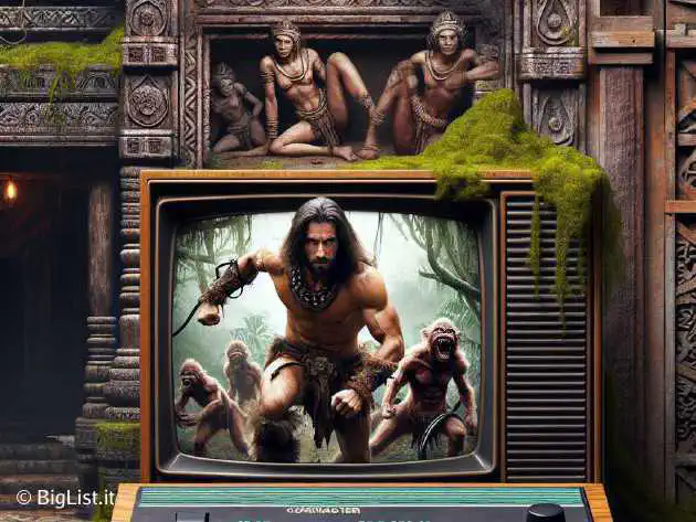A scene of Tarzan battling beastmen in a jungle temple, with an Atari 2600 console connected to a vintage TV in the background.
