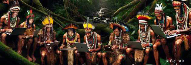 A remote Amazonian tribe with traditional clothing using modern technology, such as laptops and smartphones, in a dense rainforest setting. The contrast between old and new should be evident.