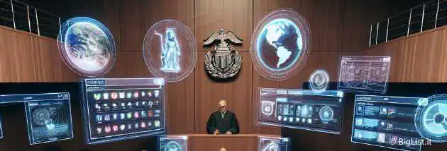 a courtroom scene with technology elements, showing a trial related to social media content management