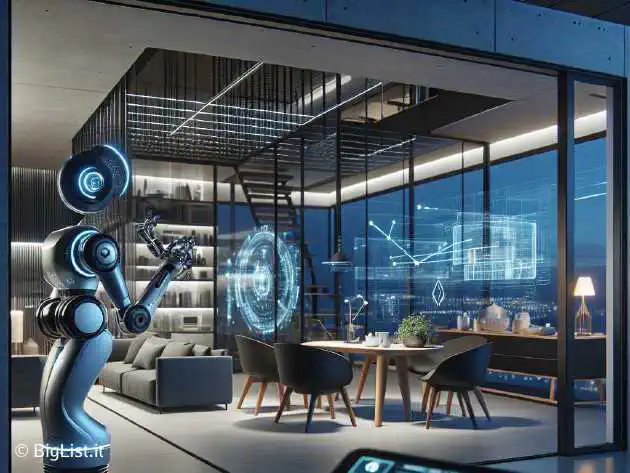 A futuristic robotic arm with a tablet-like display and a sleek mobile robot, set in a modern home environment.