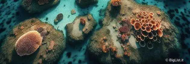 A breathtaking aerial view of Sheybarah Island in the Red Sea, showcasing stunning stromatolite formations in shallow waters and vibrant marine life.