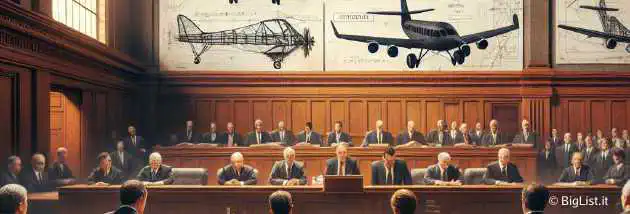 A courtroom scene with jurors in a Seattle courtroom. One party, resembling Boeing, stands accused by another party, symbolizing the electric airplane startup Zunum. Tension and corporate espionage undertones are palpable in the air.