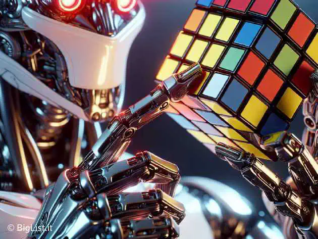A robot solving a Rubik's Cube at high speed.