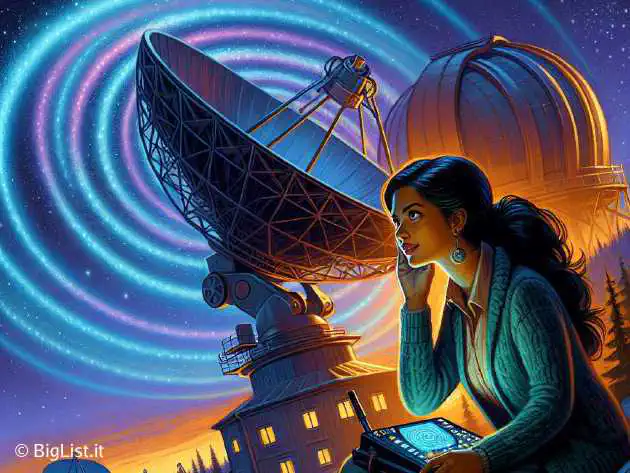 An astronomer observing the sky with a radio telescope detecting strange radio signals.