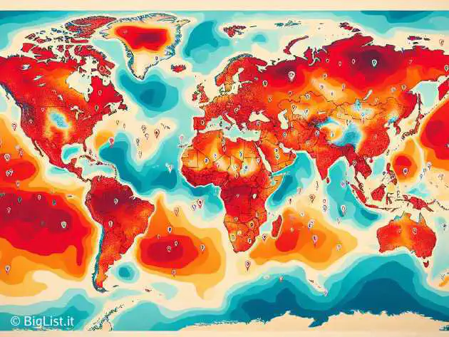 A climatic map showing global temperature anomalies with a red heatwave color scale.