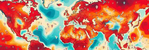 A climatic map showing global temperature anomalies with a red heatwave color scale.