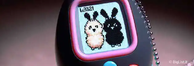 A Tamagotchi device showing the secret characters Moll & Lora on its screen.