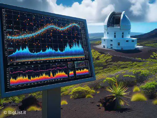 A scientific observatory in Hawaii measuring atmospheric CO2 levels, with a background of blue skies, and data graphs showing rising CO2 levels