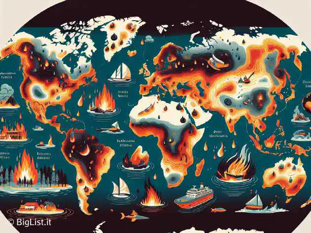 An image showing a world map with heat areas highlighted, wildfires, hurricanes, and floods.