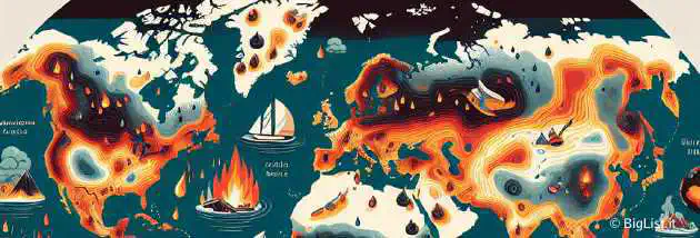 An image showing a world map with heat areas highlighted, wildfires, hurricanes, and floods.