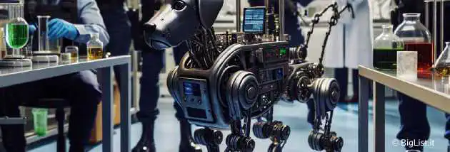 a high-tech robotic dog assisting police in a drug raid, inside a chemical lab