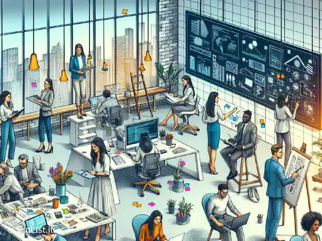 an illustration depicting a modern, flexible workspace where multiple professionals are engaged in creative and technical tasks