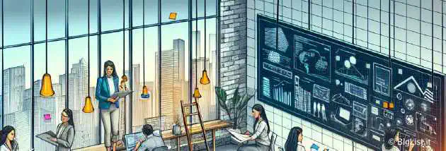 an illustration depicting a modern, flexible workspace where multiple professionals are engaged in creative and technical tasks