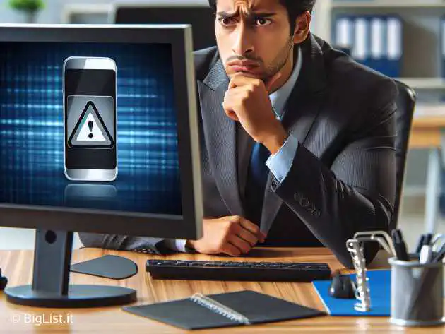 A perplexed security researcher looking at a computer screen showing an image of an iPhone with a warning symbol, all in a corporate office setting.