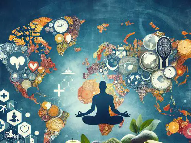 A holistic approach to mental health, combining meditation, nutrition, and exercise, with a world map showing varying rates of mental health conditions.