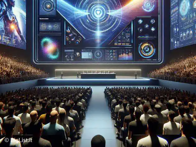 Apple keynote presentation with audience, new OS features displayed on a large screen, and futuristic technology in the background.