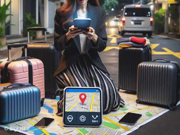 A woman tracking her lost luggage with an electronic device and finding it at an unknown address, with multiple suitcases visible.