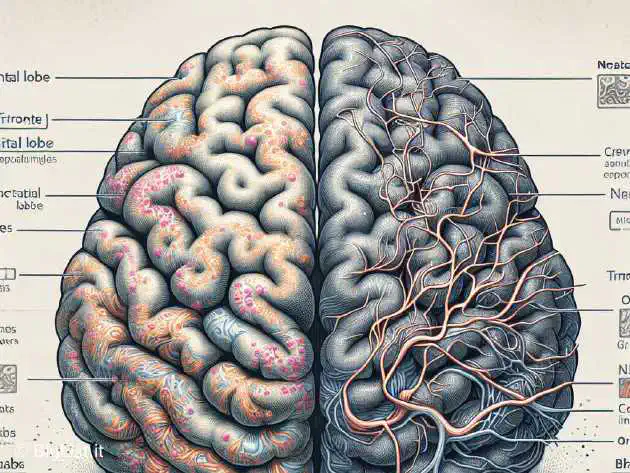 An illustration showing two halves of a brain, one healthy and one affected by burnout, highlighting the changes in gray matter and neural pathways.
