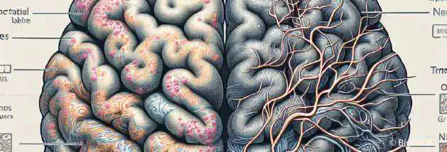 An illustration showing two halves of a brain, one healthy and one affected by burnout, highlighting the changes in gray matter and neural pathways.