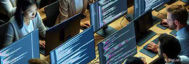 A group of cybersecurity researchers analyzing code and security, on computers showing Visual Studio Code interface.