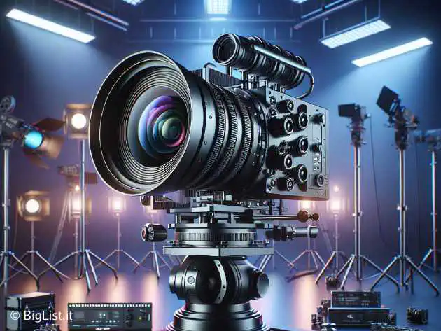 A high-end professional camera on a set designed for immersive 3D filming, with multiple lenses and a large sensor.