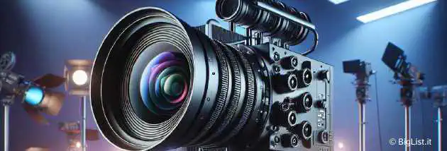 A high-end professional camera on a set designed for immersive 3D filming, with multiple lenses and a large sensor.