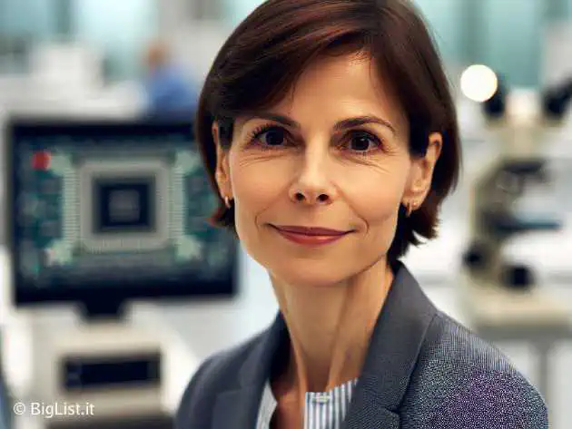 A portrait of Lynn Conway, a pioneering computer scientist, and electrical engineer, known for her work on VLSI chip design, in a modern setting with scientific equipment in the background.