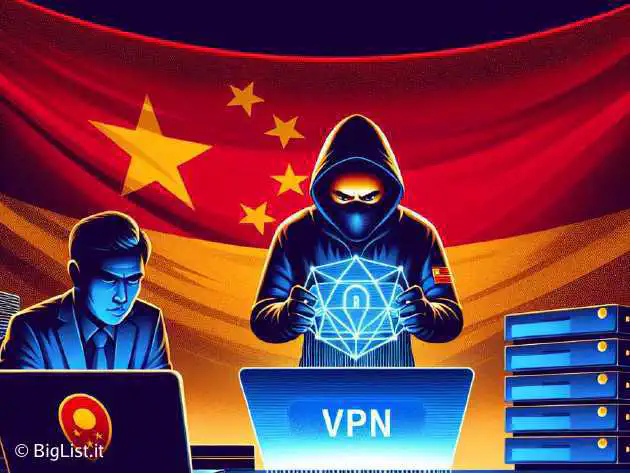 A digital illustration of a hacker infiltrating a network through a VPN vulnerability with a Chinese flag in the background.