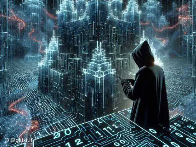 A digital fortress being breached by a hacker in a dark hoodie, with binary codes and data streams flowing around.