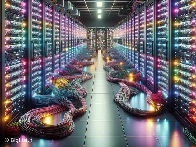 A large server room filled with GPUs connected by high-speed networking cables, all dedicated to training AI models.
