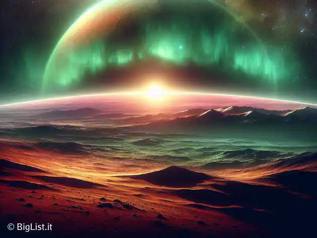 aurora on Mars surface, green glow, dramatic solar storm, no people, futuristic.