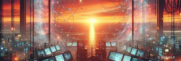 a modern research lab in distress, cyber themes, a sunset background