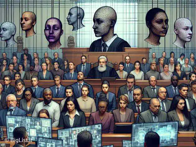 A group of people in a courtroom with digital facial recognition images floating around.